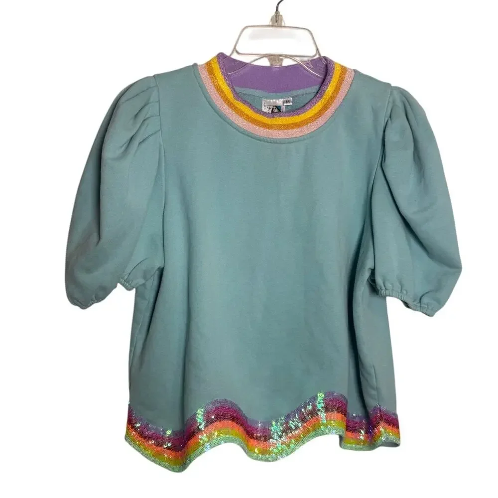 Queen of Sparkles Teal Rainbow Sequin Set Women’s Sz. M - Picture 3 of 6